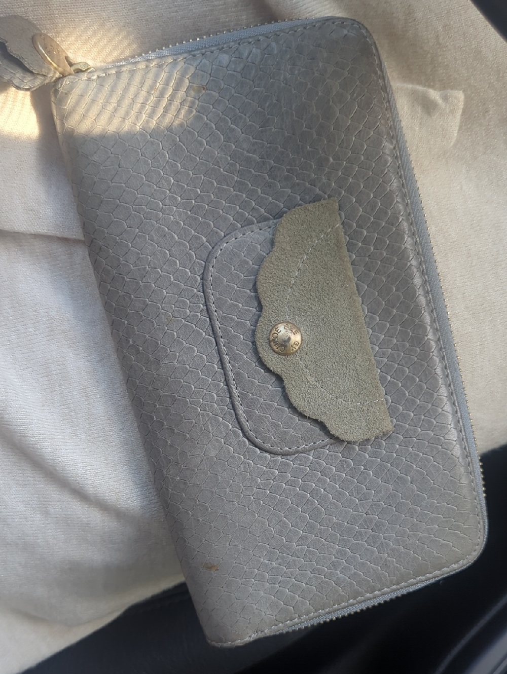 see By Chloe Gray Textured Zip Wallet with Scalloped Suede Accent